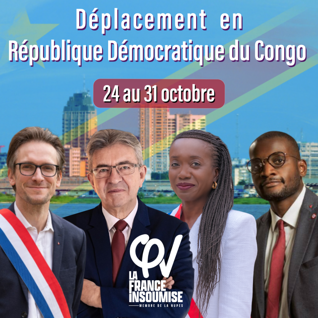Arnaud Le Gall, Jean-Luc Mélenchon, Nadège Abomangoli et Carlos Martens Bilongo devant un panorama de Kinshasa
